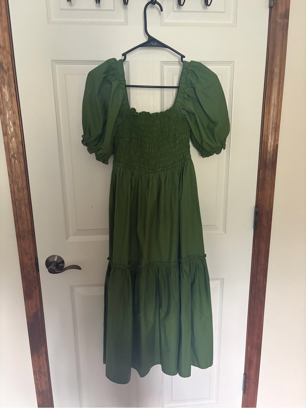 Abercrombie & Fitch Olive Green Puff-Sleeve Smocked Midi Dress